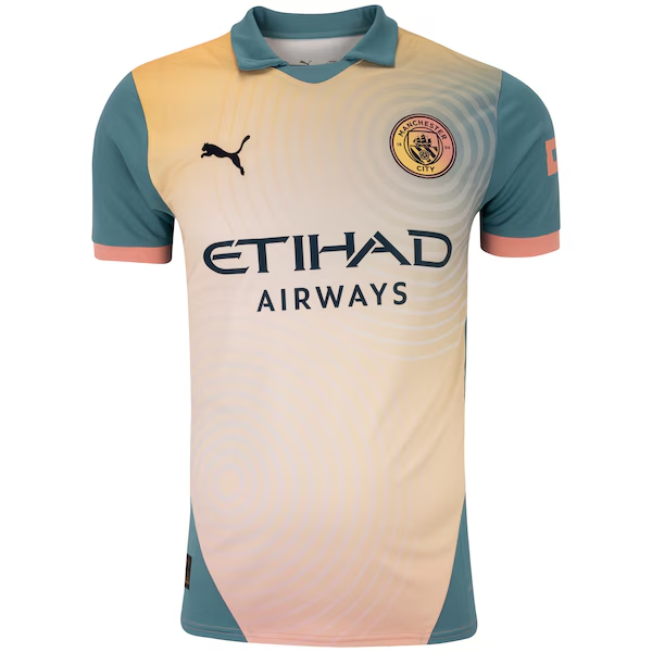 Camisa Manchester City Fourth 2025 Puma, edição especial Noel Gallagher, escudo bordado no peito.