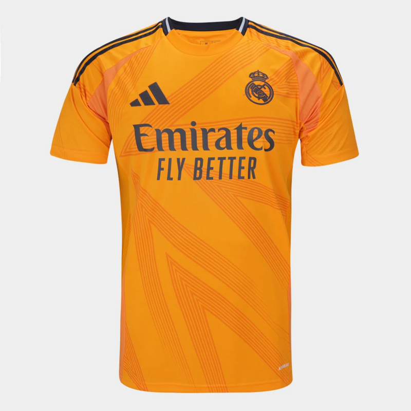 Camisa Real Madrid Away 24/25 Torcedor Adidas Masculina na cor laranja com escudo bordado.